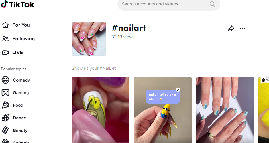 screenshot of nail art hashtag views on TikTok